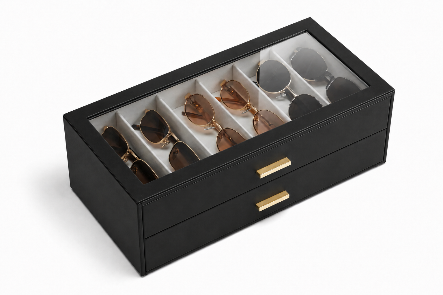 Quiet Luxe 2-Layer Sunglasses Organizer Box with Glass Lid & Drawers