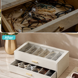 Quiet Luxe 2-Layer Sunglasses Organizer Box with Glass Lid & Drawers