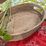 Oval Rattan Tray Wicker Serving Basket Handcrafted Woven Natural Bathroom Organizer Storage Kitchen Table Centerpiece Decoration Bohemian Byron