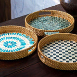 Rattan Tray with Mother of Pearl Inlay • Decorative Round Serving Tray • 30cm or 35cm • Handmade Boho Home Decor • Beach Themed Natural Home