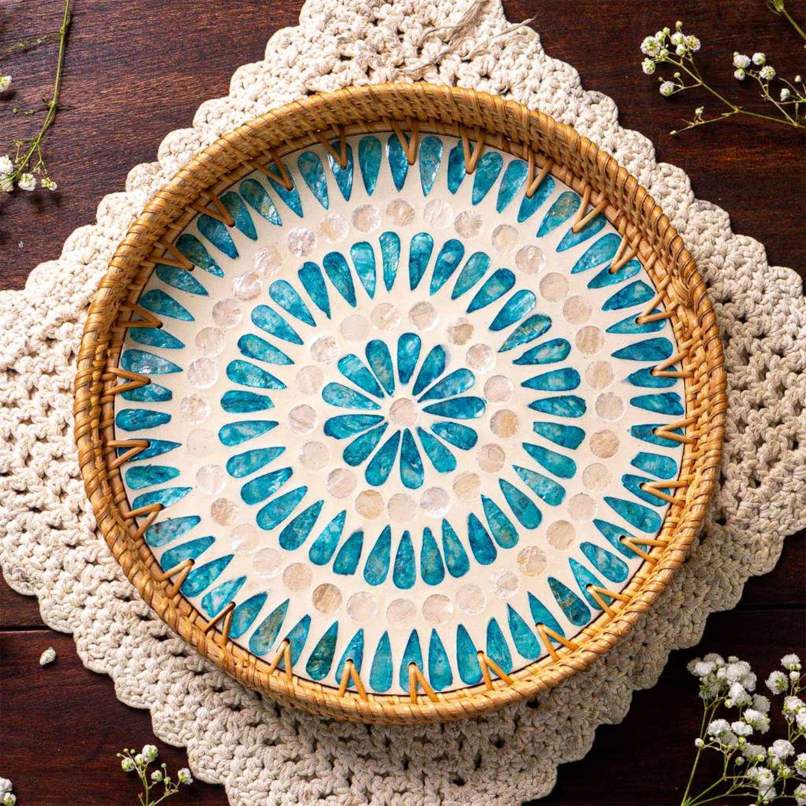 Rattan Tray with Mother of Pearl Inlay • Decorative Round Serving Tray • 30cm or 35cm • Handmade Boho Home Decor • Beach Themed Natural Home