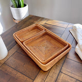 Rattan Woven Tray Rectangular Wicker Wooden Tray Fruits Basket Set Storage Wood Serving Tray Dry Fruit Platter Snack Breakfast Organizer Bin