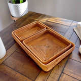 Rattan Woven Tray Rectangular Wicker Wooden Tray Fruits Basket Set Storage Wood Serving Tray Dry Fruit Platter Snack Breakfast Organizer Bin