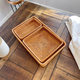 Rattan Woven Tray Rectangular Wicker Wooden Tray Fruits Basket Set Storage Wood Serving Tray Dry Fruit Platter Snack Breakfast Organizer Bin