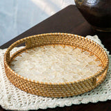 Rattan Tray with Mother of Pearl Inlay • Decorative Round Serving Tray • 30cm or 35cm • Handmade Boho Home Decor • Beach Themed Natural Home