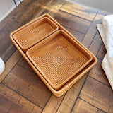 Rattan Woven Tray Rectangular Wicker Wooden Tray Fruits Basket Set Storage Wood Serving Tray Dry Fruit Platter Snack Breakfast Organizer Bin