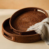 Rattan Trays Round • Large & Small Wicker Serving Tray Organiser With Handles • Dining Table Home Decor • Coffee Table Breakfast Basket