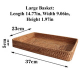 Rattan Woven Tray Rectangular Wicker Wooden Tray Fruits Basket Set Storage Wood Serving Tray Dry Fruit Platter Snack Breakfast Organizer Bin