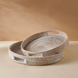 Rattan Trays Round • Large & Small Wicker Serving Tray Organiser With Handles • Dining Table Home Decor • Coffee Table Breakfast Basket