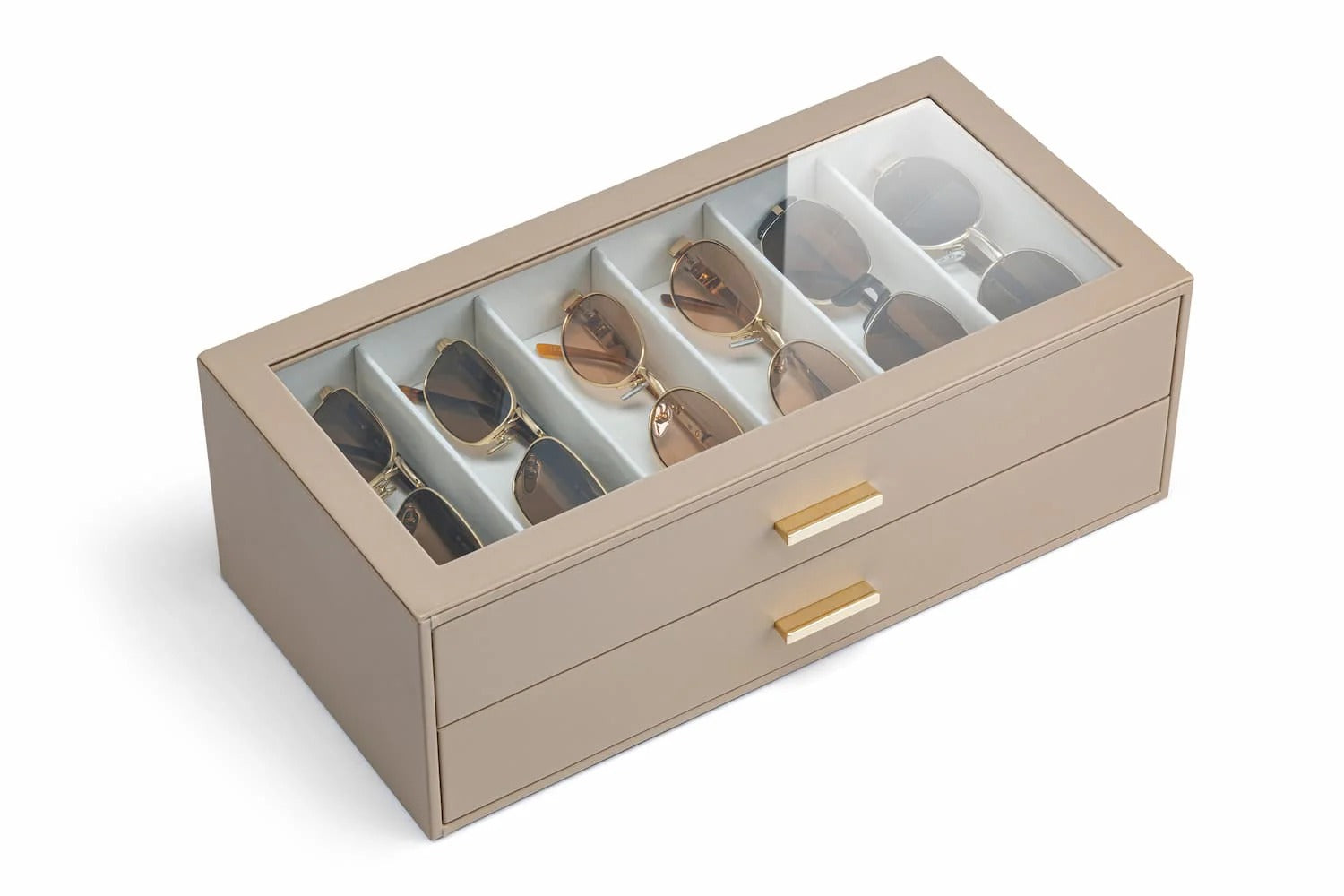 Quiet Luxe 2-Layer Sunglasses Organizer Box with Glass Lid & Drawers