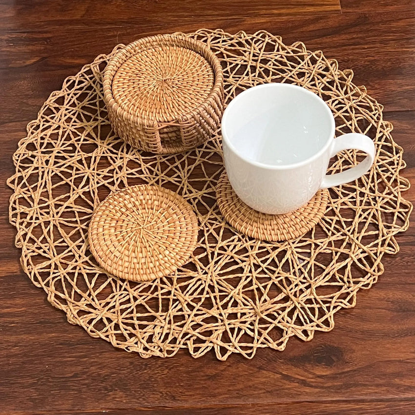 Rattan Coasters with Holder - Set of 6