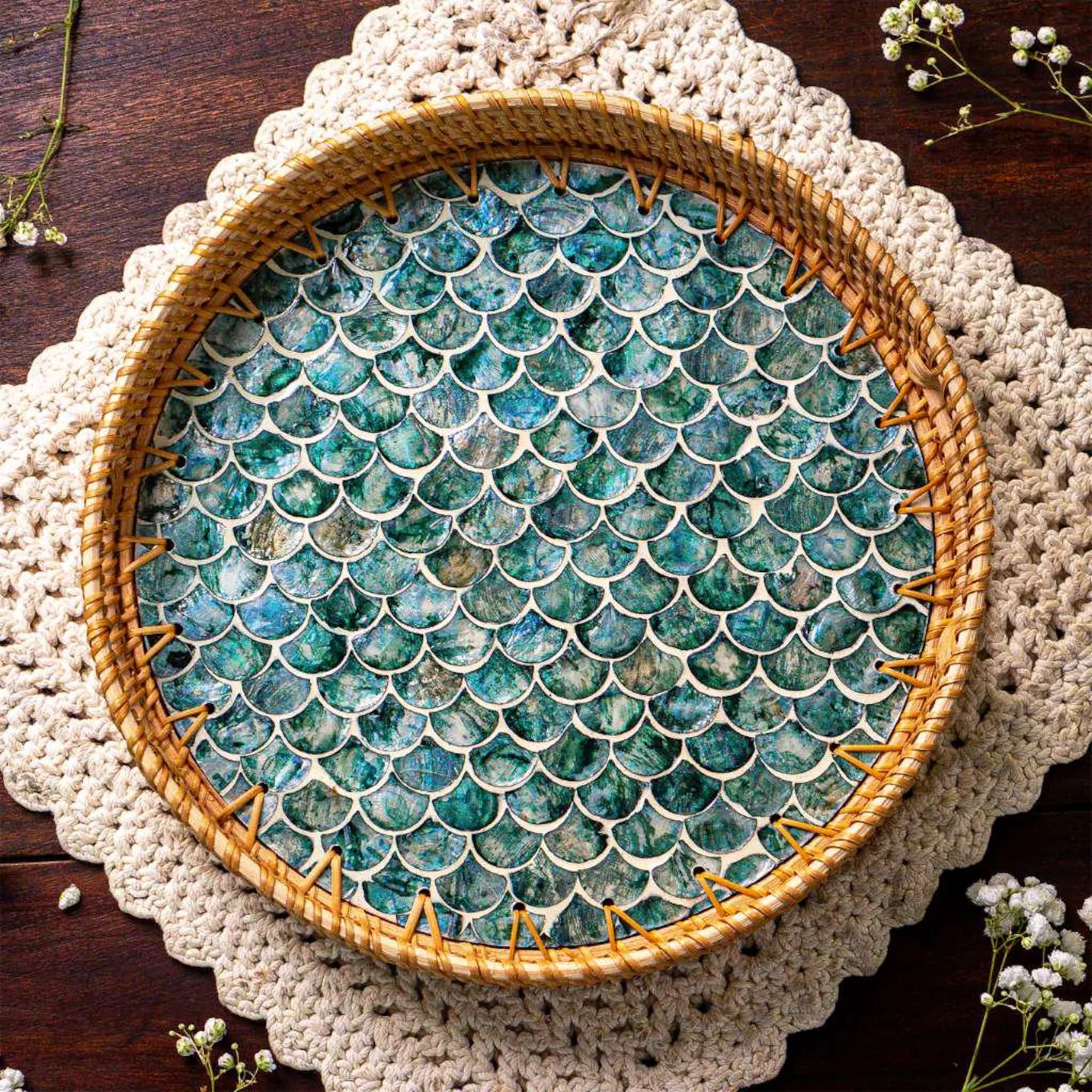 Rattan Tray with Mother of Pearl Inlay • Decorative Round Serving Tray • 30cm or 35cm • Handmade Boho Home Decor • Beach Themed Natural Home