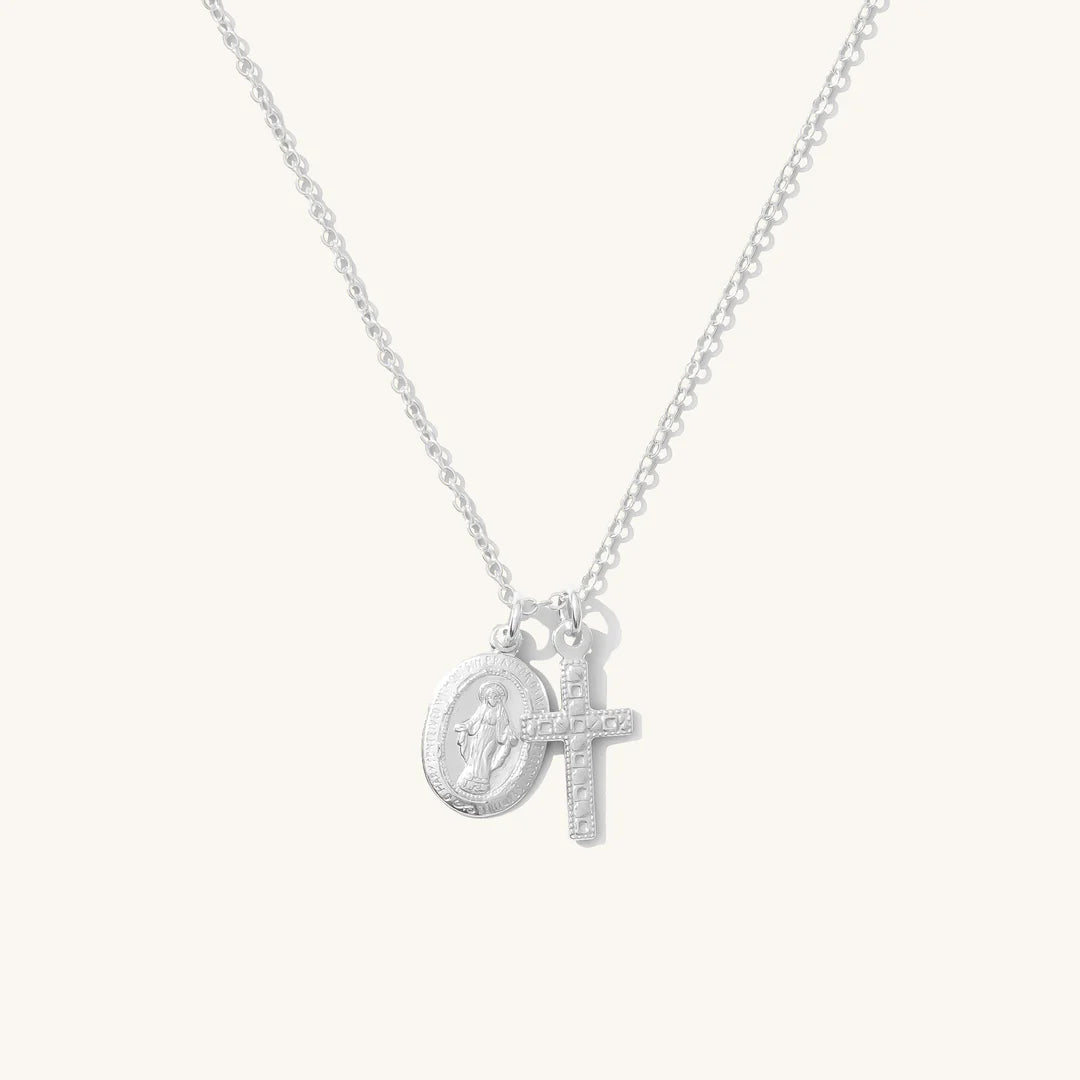 Tiny Virgin Mary & Cross Necklace